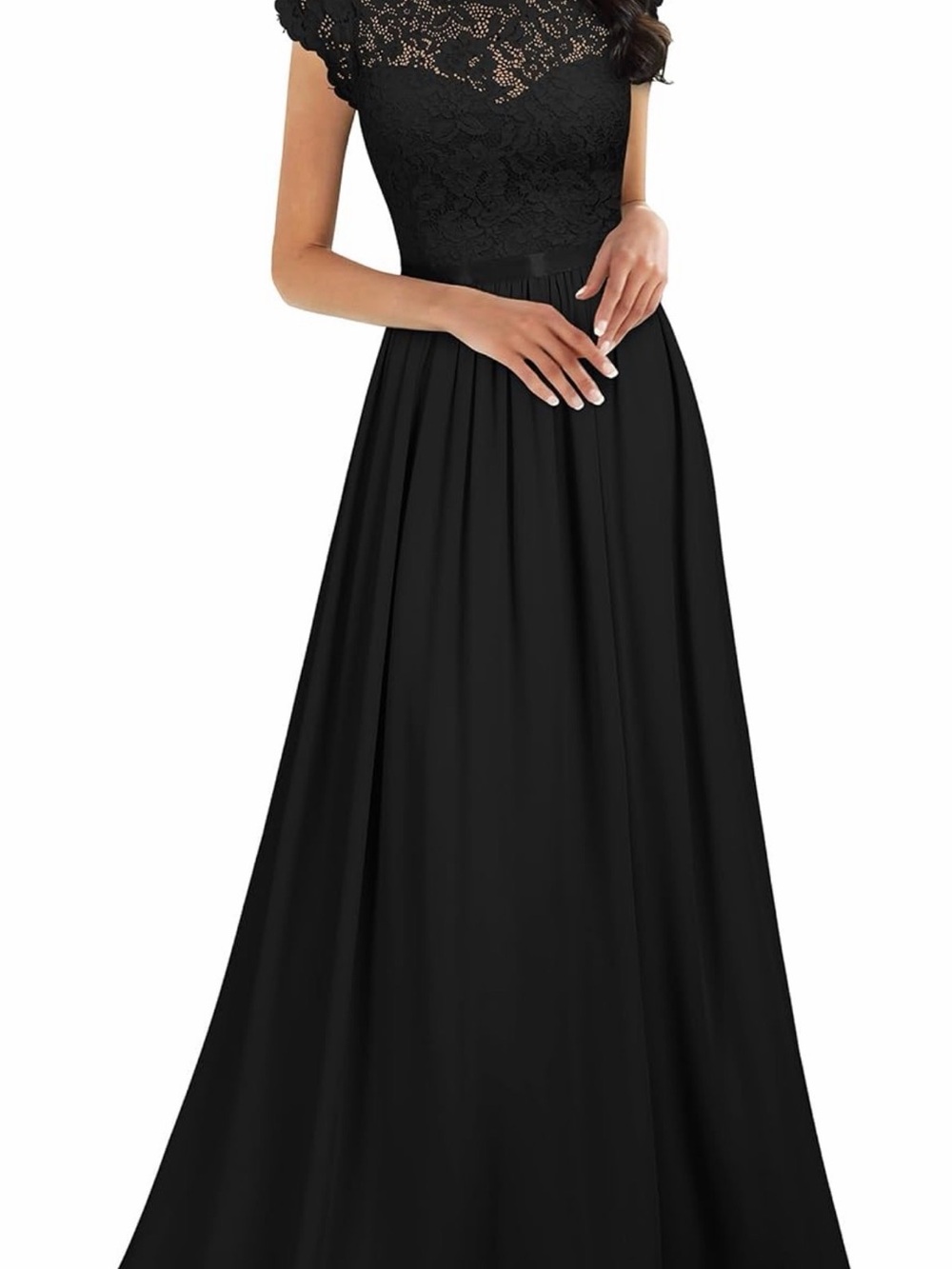 Miusol Black Lace Cap-Sleeve Maxi Dress